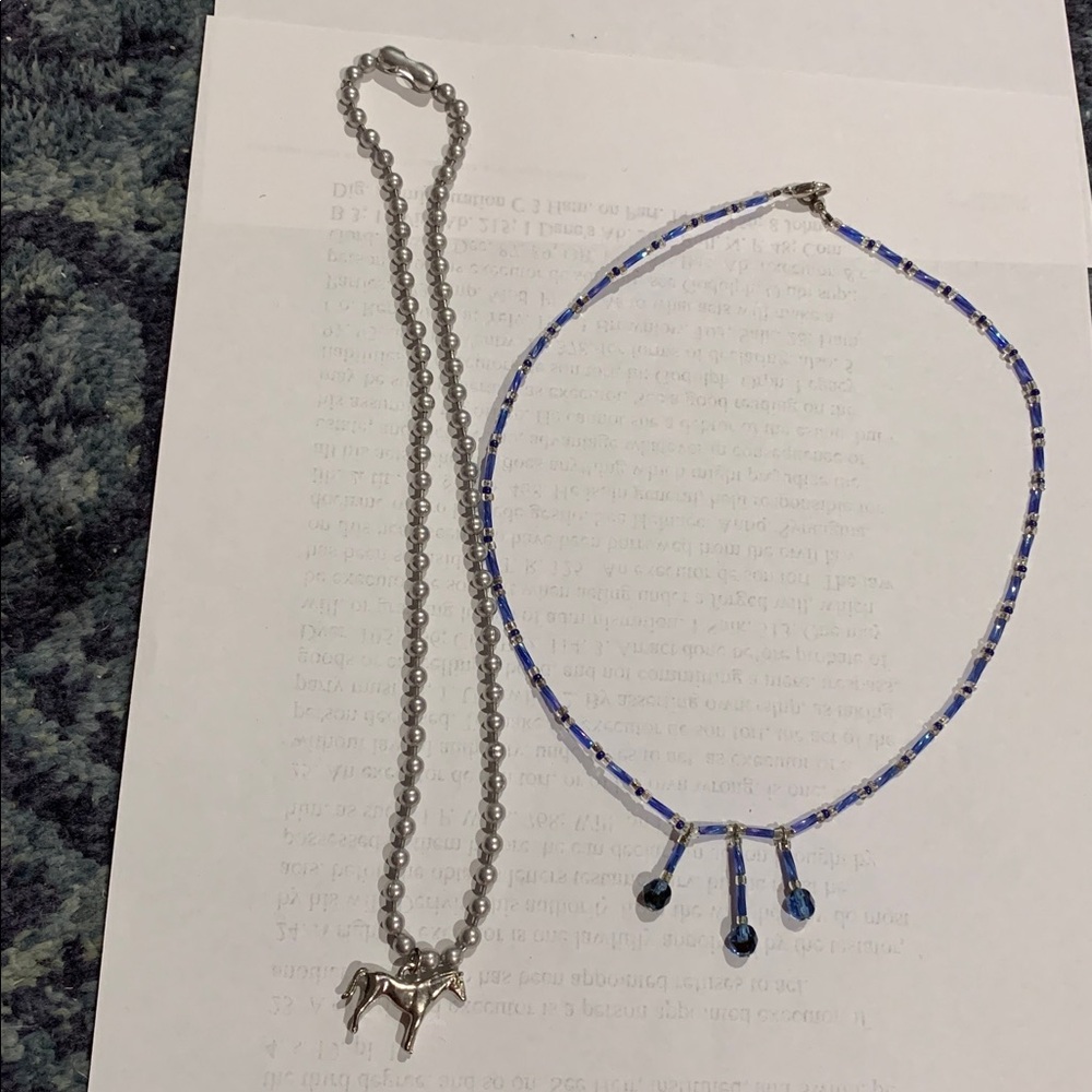 Set of 2: Aluminum dog chain neck w horse pendant & glass bead necklace 16”